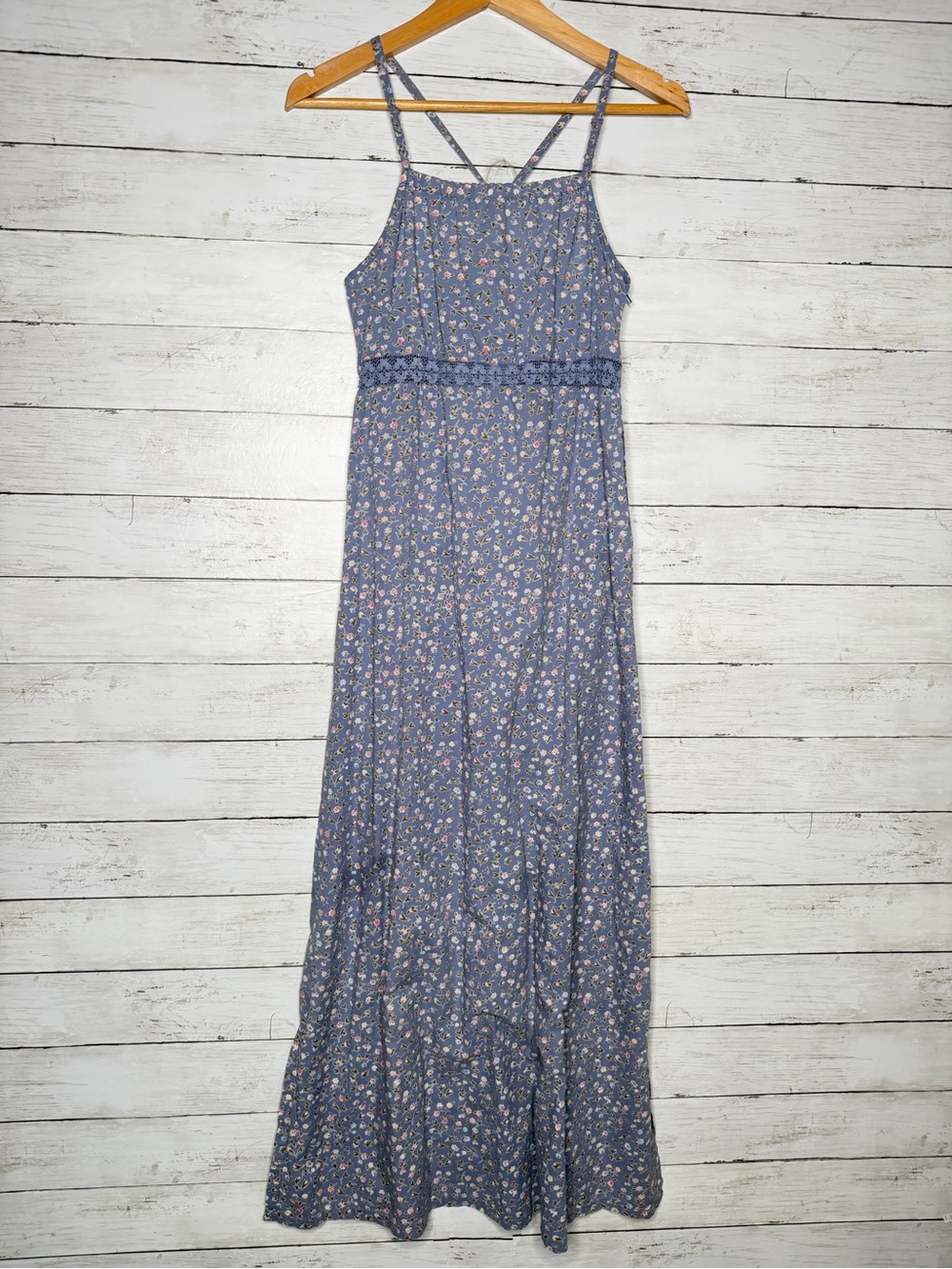 Funky People Floral Maxi Dress Size M Blue Boho Strappy Crochet Waist